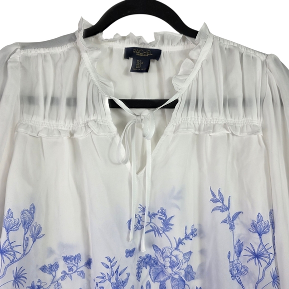 Rachel Roy White Blue Floral Ruffled Balloon Sleeve Blouse - Picture 2 of 8